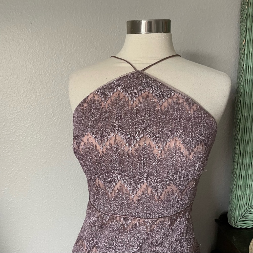 Aidan Mattox Pink Halter Bodycon Dress Sz 6 Embellished Chevron Pattern Slit
